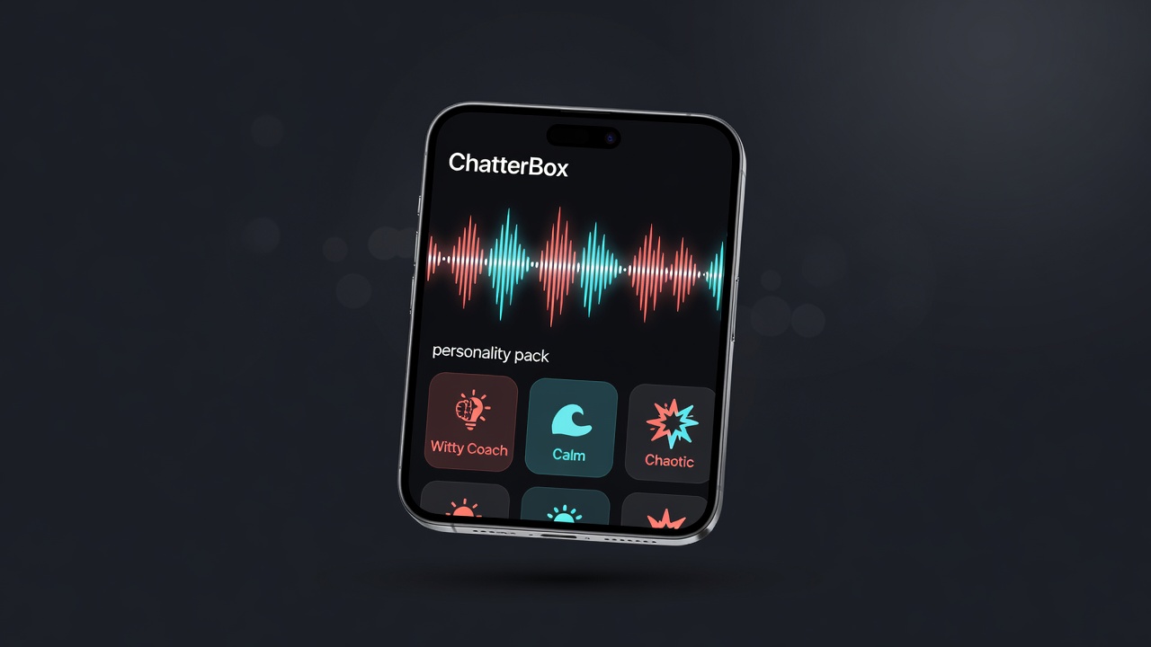 ChatterBox companion app mock with waveform and personality packs