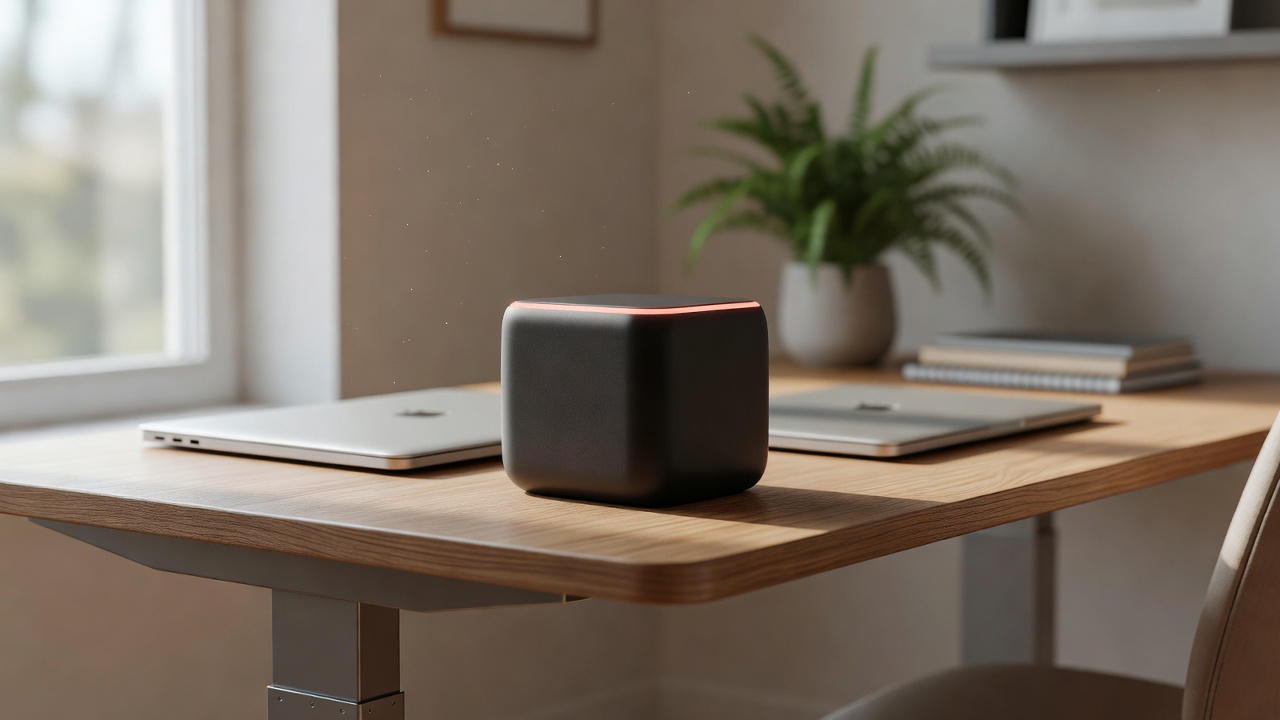ChatterBox on a modern desk next to a closed laptop